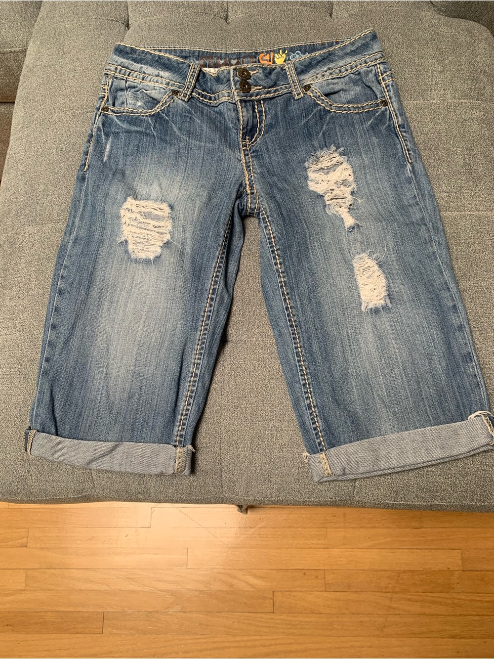 Mudd Women's Distressed Boyfriend Denim Shorts - Blue